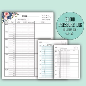 Bloeddruklogboek, bloeddrukdagboek, Afdrukbare tracker, gezondheidslogboek, hoge bloeddruk, Instant download, US Letter-formaat, A4, A5