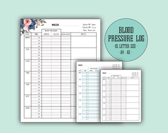 Blood Pressure Log, BP Diary, Printable Tracker, Health Log, High Blood Pressure, Instant Download, US Lettersize, A4, A5