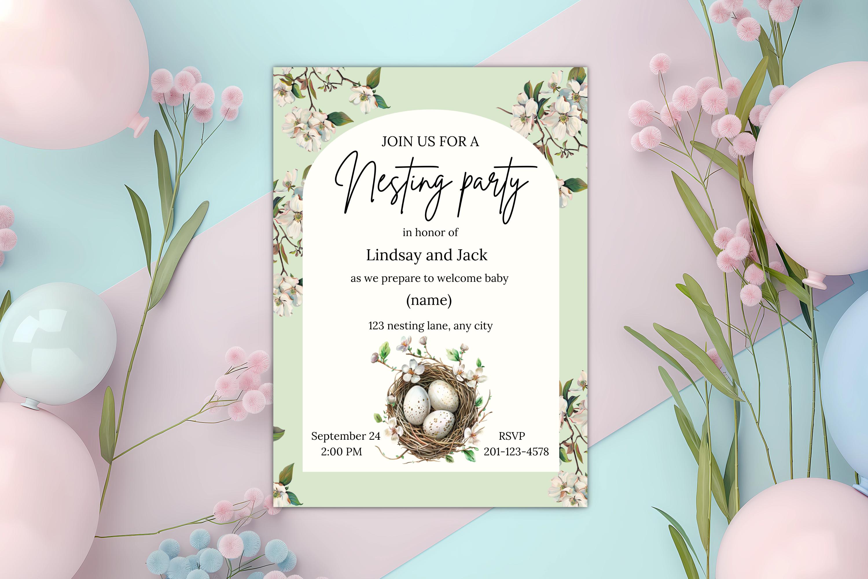 Nesting Party Invitations Nesting Party Invite | Green Floral Editable Nesting Shower Invitation ...