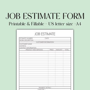 Presupuesto de trabajo imprimible, formulario comercial simple para completar, plantilla de presupuesto de construcción, propuesta de contratista, carta de EE. UU. y A4