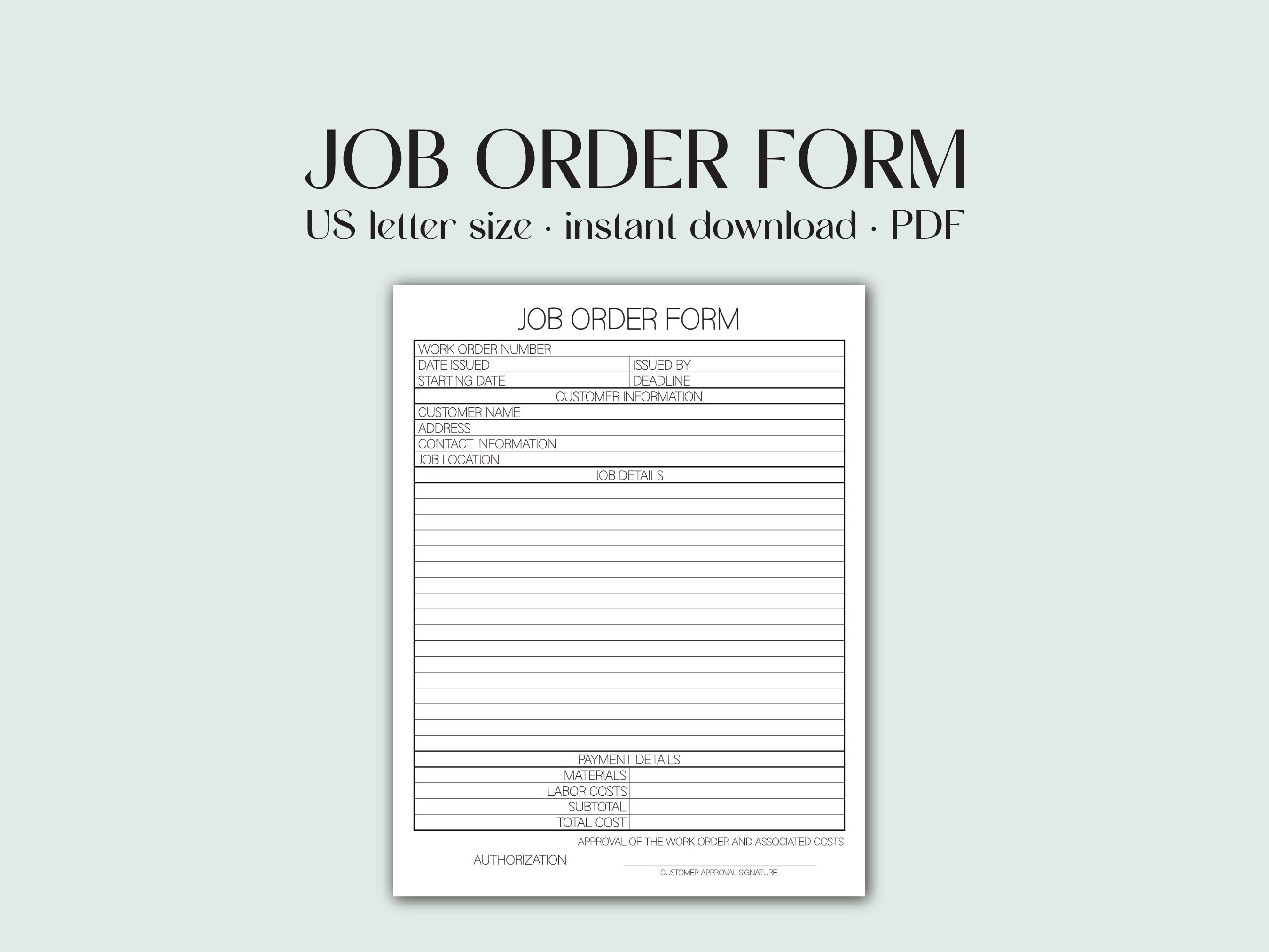Job Work Order Form Printable, Small Business Job Work Order Tracking ...