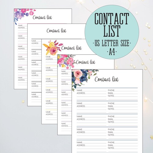 Printable Contact List Floral Contacts Log Address Book Etsy