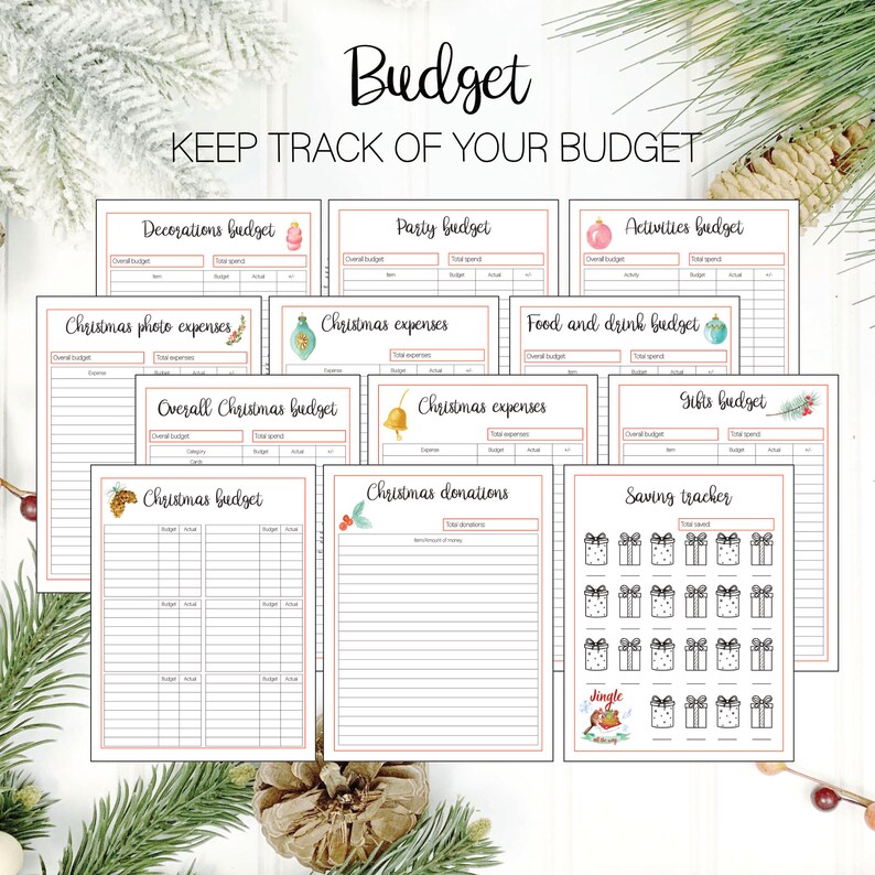 Image of a printable holiday budget planner for Christmas and Thanksgiving organization to plan expenses such as party, food, and decoration