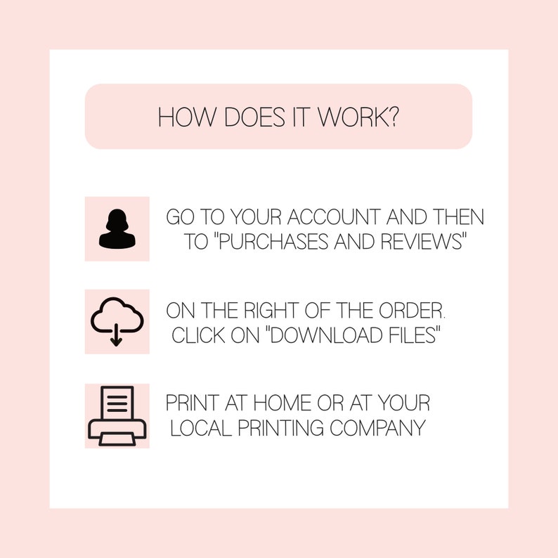 May include: How to download and print your digital purchase.  A graphic shows three steps: 1. Go to your account and then to "Purchases and Reviews". 2. On the right of the order, click on "Download Files". 3. Print at home or at your local printing company.