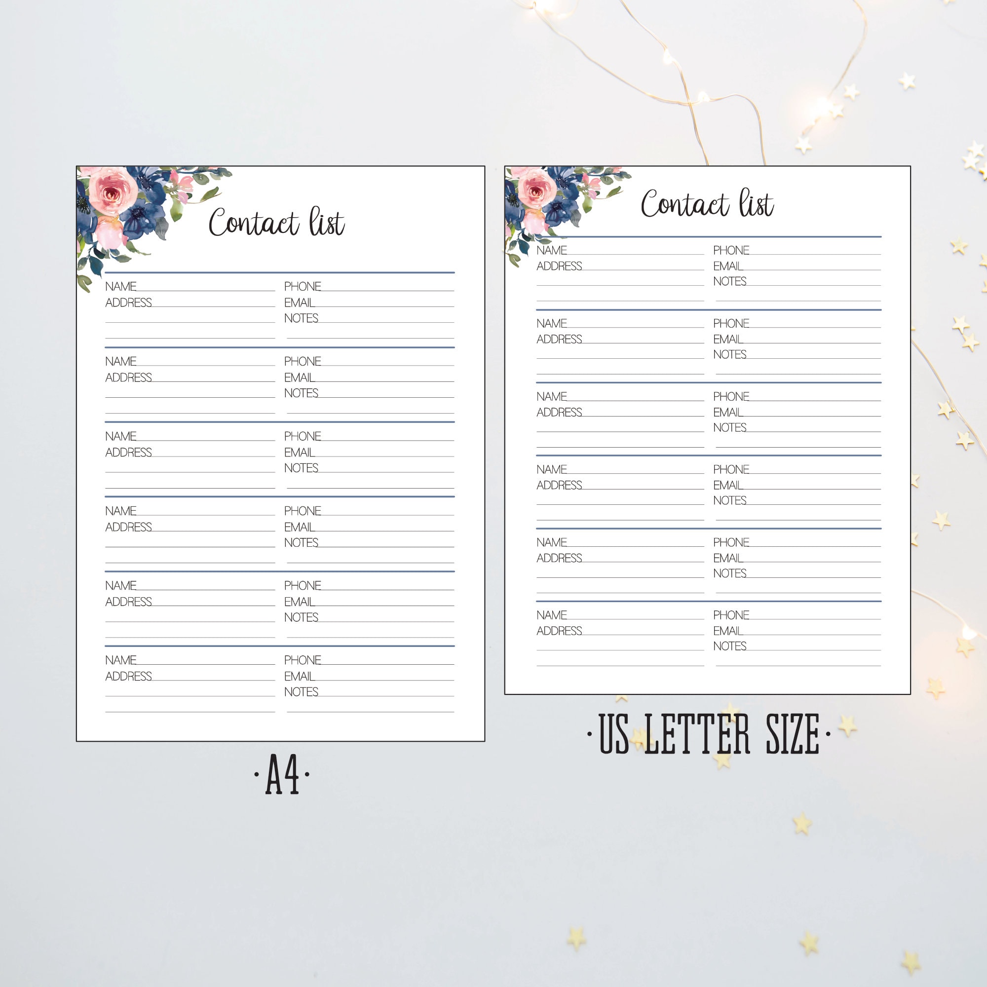 Printable Contact List, Floral Contacts Log, Address Book Template ...