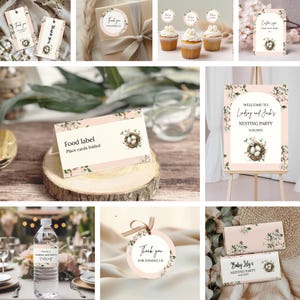 Inbjudningspaket till bofest, inbjudningsset med rosa och vita blommor, redigerbara skyltar och dekorationer för babyshower