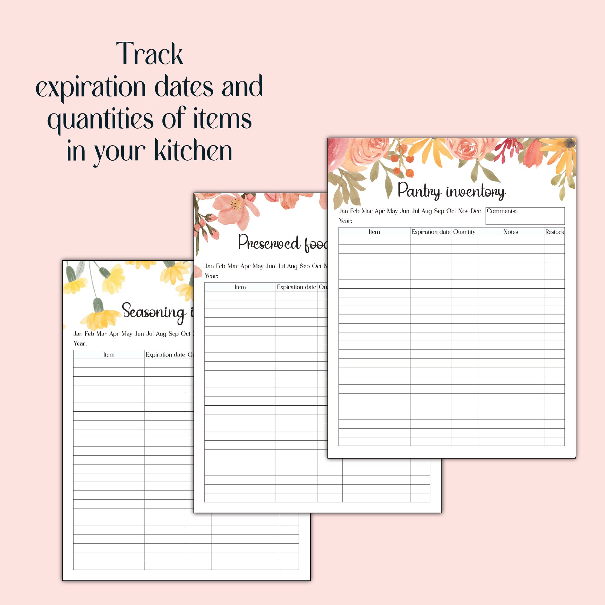 Food Inventory Tracker Printable, Kitchen Organizer, Pantry, Freezer ...