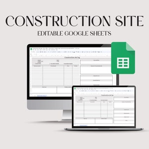 Puede incluir: Plantilla de Google Sheets editable para un registro de obra. La plantilla se muestra en una pantalla de ordenador y un portátil. La plantilla incluye columnas para la fecha, la hora, la actividad y las notas.