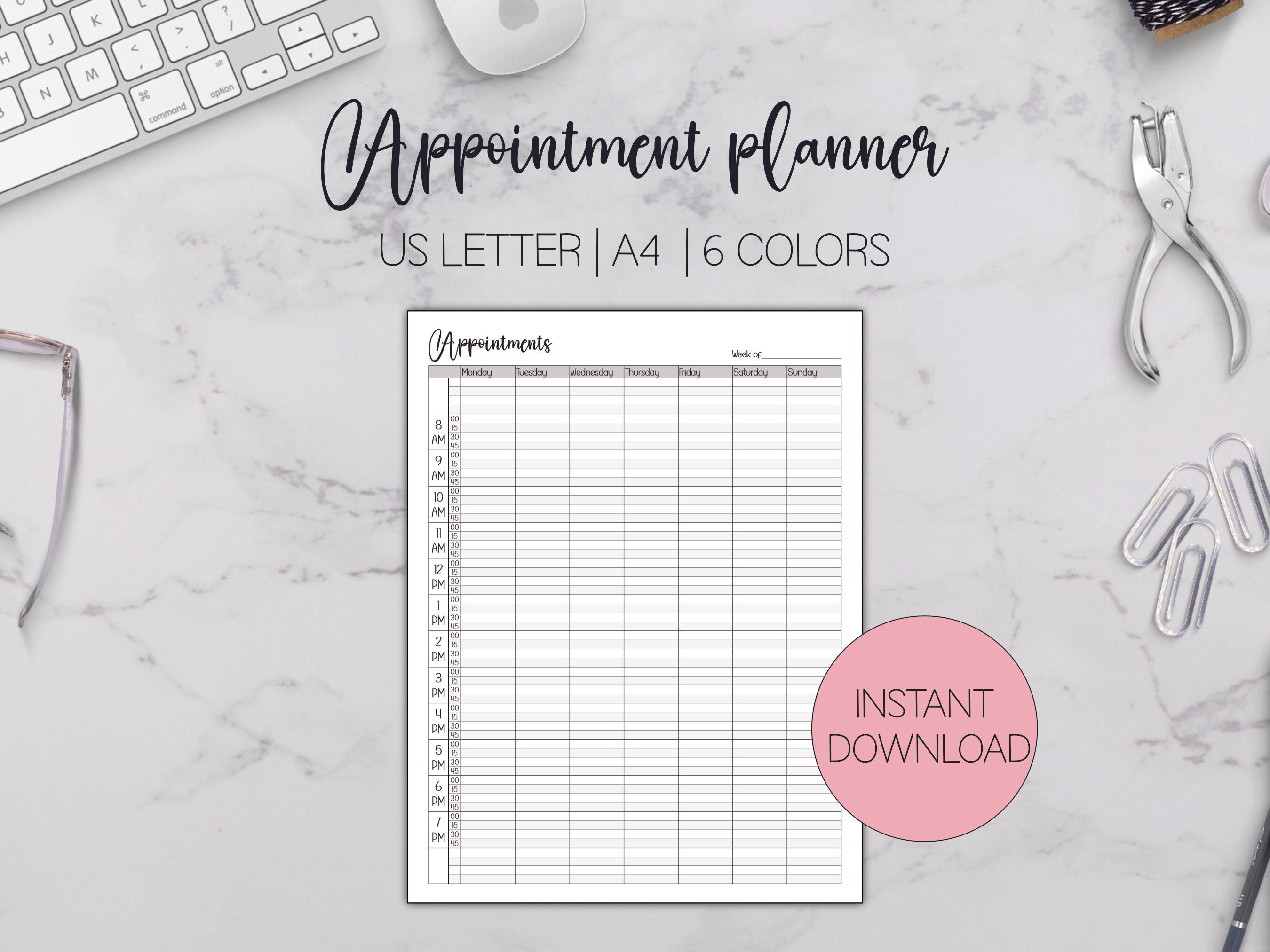 Appointment Planner Printable With 15 Minutes Intervals In 6 Colors, Appointment Calendar, Meeting Tracker, US Letter Size, A4