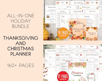 May include: A printable Thanksgiving and Christmas planner bundle with over 160 pages. The cover features fall foliage and a Thanksgiving planner title. The second cover features winter foliage and a Christmas planner title.