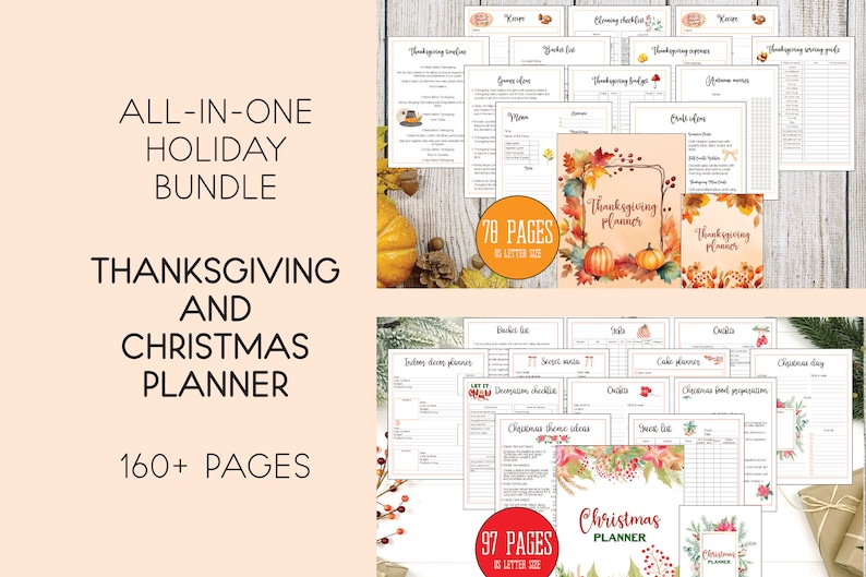 K&ouml;nnte beinhalten: Ein druckbares Thanksgiving- und Weihnachtsplaner-Paket mit &uuml;ber 160 Seiten. Das Cover zeigt Herbstlaub und einen Thanksgiving-Planer-Titel. Das zweite Cover zeigt Winterlaub und einen Weihnachtsplaner-Titel.
