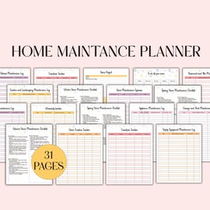 May include: A printable home maintenance planner with 31 pages. The planner includes checklists for various home maintenance tasks, such as appliance maintenance, landscaping, and safety equipment.