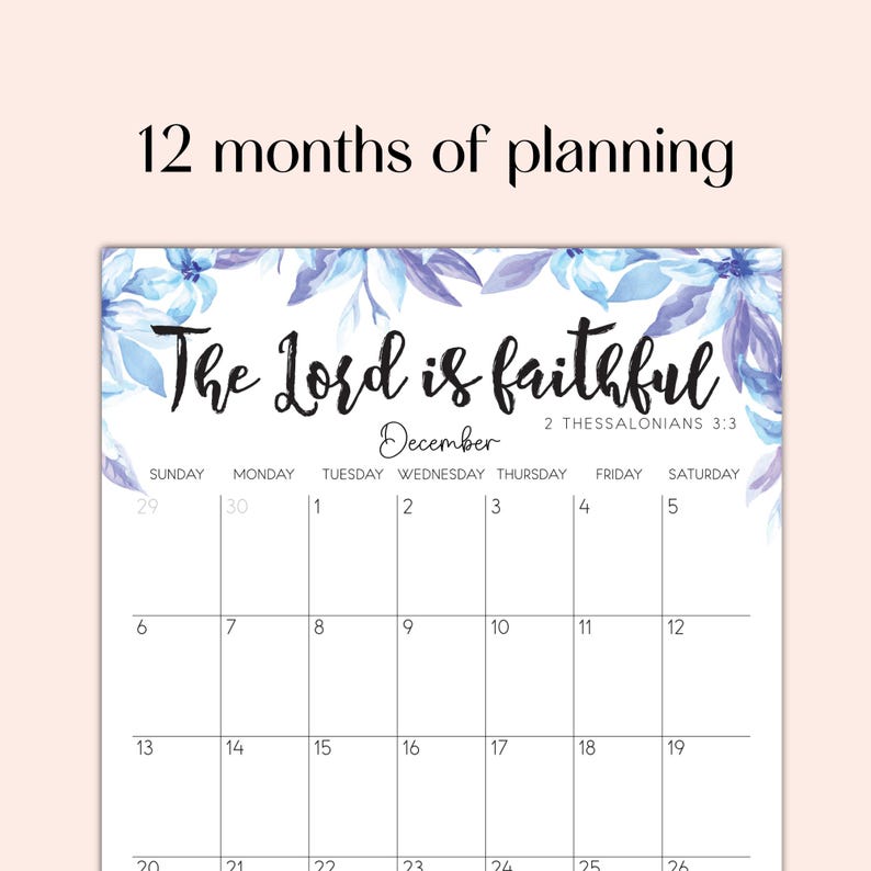 Printable 2026 Calendar, Floral Bible Quotes Planner, Sunday Start, 12 ...