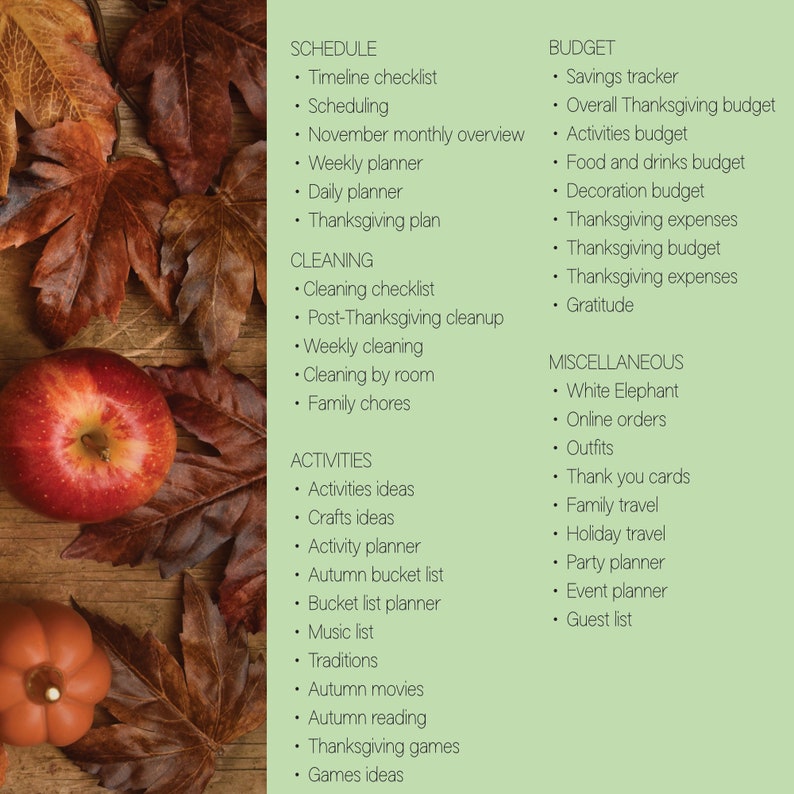 K&ouml;nnte beinhalten: Ein gr&uuml;ner Hintergrund mit einer Liste von Aufgaben zur Planung von Thanksgiving, darunter Zeitplan, Reinigung, Aktivit&auml;ten, Budget und verschiedene Punkte. Die Liste ist in schwarzem Text mit Aufz&auml;hlungszeichen geschrieben.