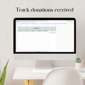 Image of a screen of a laptop with screenshots of a Google Sheets Tithe Tracker with donations list. Editable and in pastel colors to record income by members