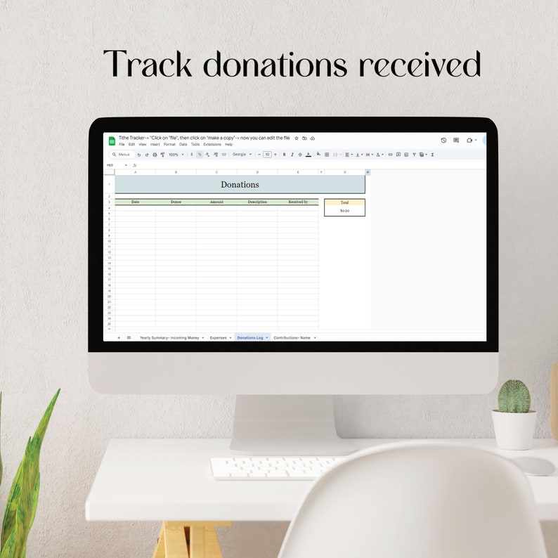 Image of a screen of a laptop with screenshots of a Google Sheets Tithe Tracker with donations list. Editable and in pastel colors to record income by members