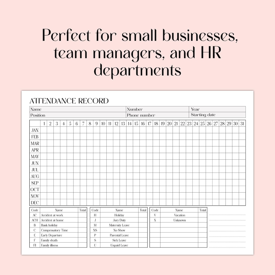 Absence Tracker: Employee Attendance Log, Daily Staff Absence Tracker ...