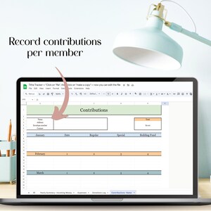 Image of a screen of a laptop with screenshots of a Google Sheets Tithe Tracker with contributions list. Editable and in pastel colors to record monthly income by members
