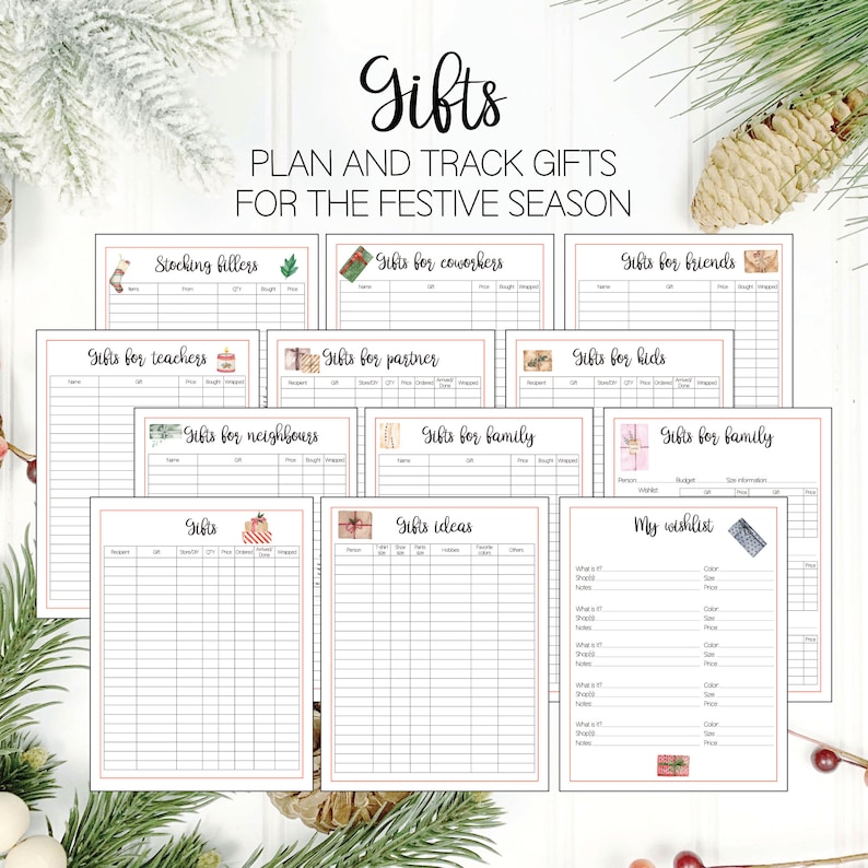 Image of a printable gift list tracker for the holiday season. Plan all Christmas and Thanksgiving gifts with these templates in US letter