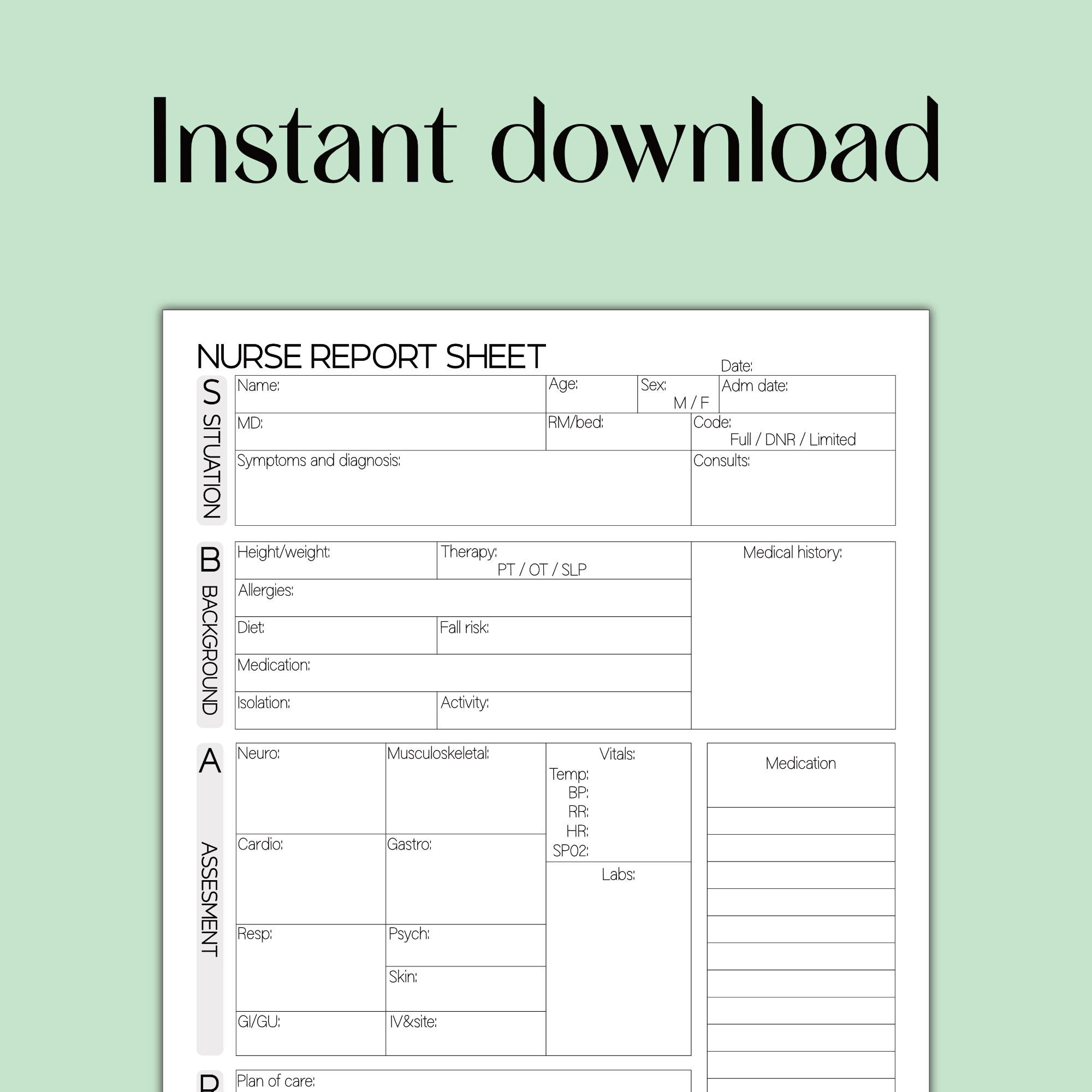 Nurse Report Sheet Template for Organizing ICU and Med-surg Shifts ...