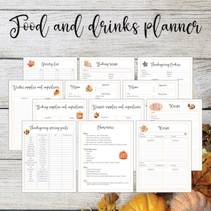 Image of a printable food and drinks planner for the holiday season to plan backing, grocery lists, menu, desserts and recipes for Christmas And Thanksgiving