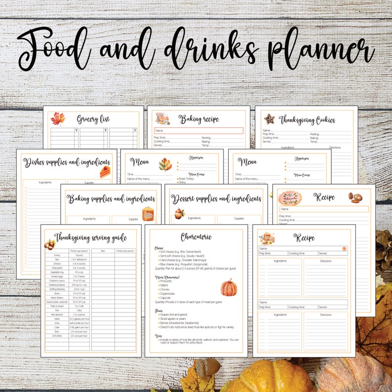 Image of a printable food and drinks planner for the holiday season to plan backing, grocery lists, menu, desserts and recipes for Christmas And Thanksgiving