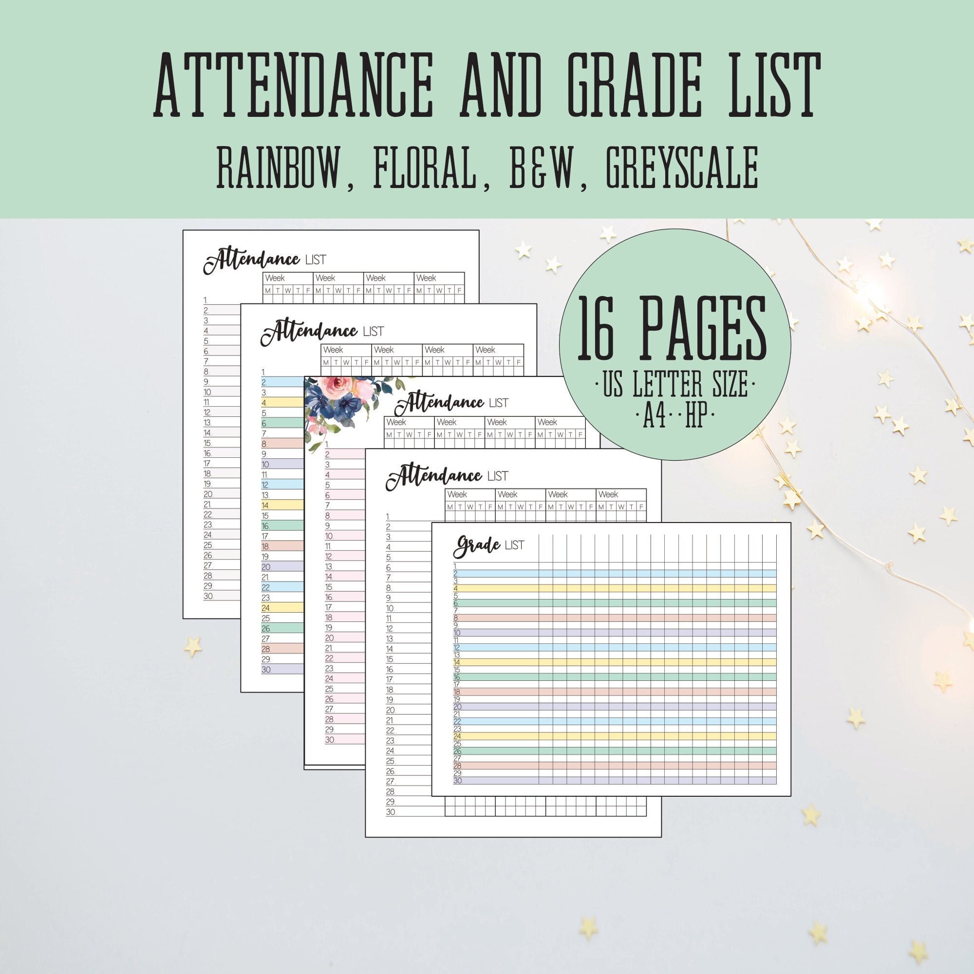 Teacher Gradebook Printable, Attendance Gradebook, Grade Sheet , Grade Record, K-12, Homeschooling Printables, Up To 30 Students
