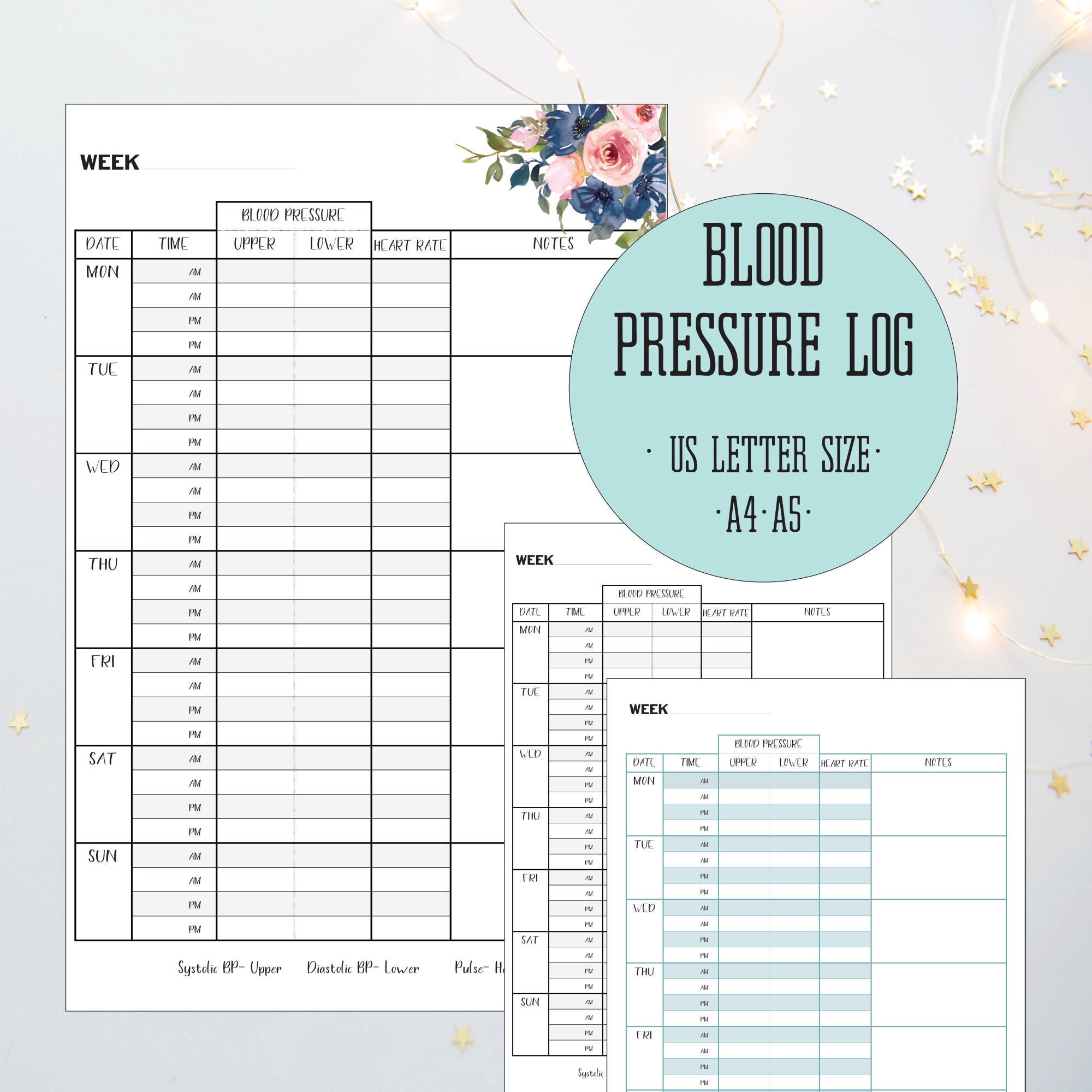Blood Pressure Log BP Diary Printable Tracker Instant | Etsy