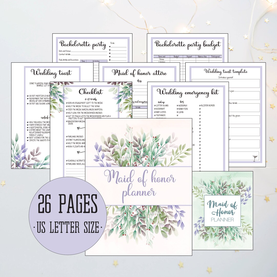 Maid of Honor Planner, Purple, Printable MOH Planner, Checklist ...