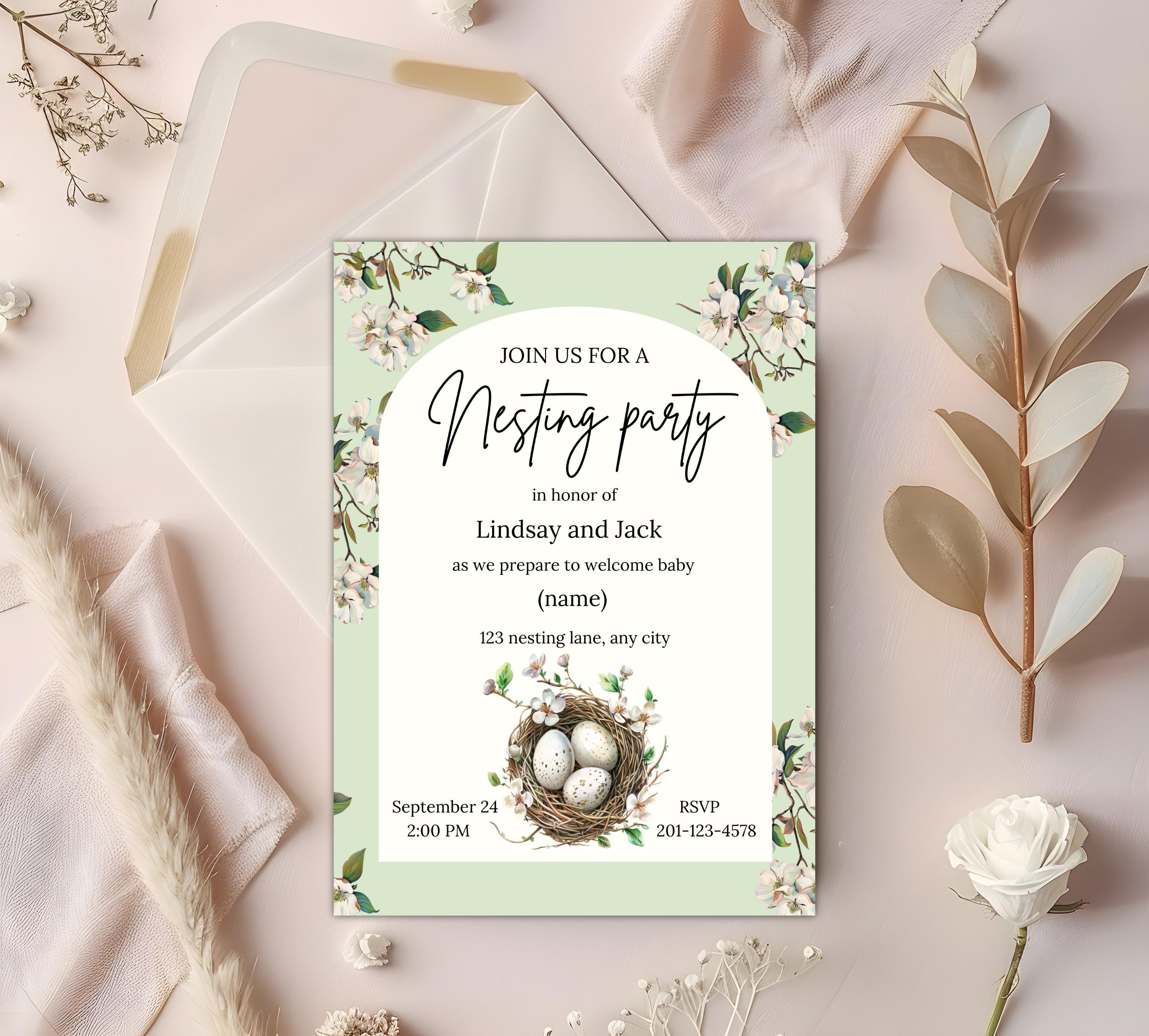 Nesting Party Invitations Nesting Party Invite | Green Floral Editable Nesting Shower Invitation ...
