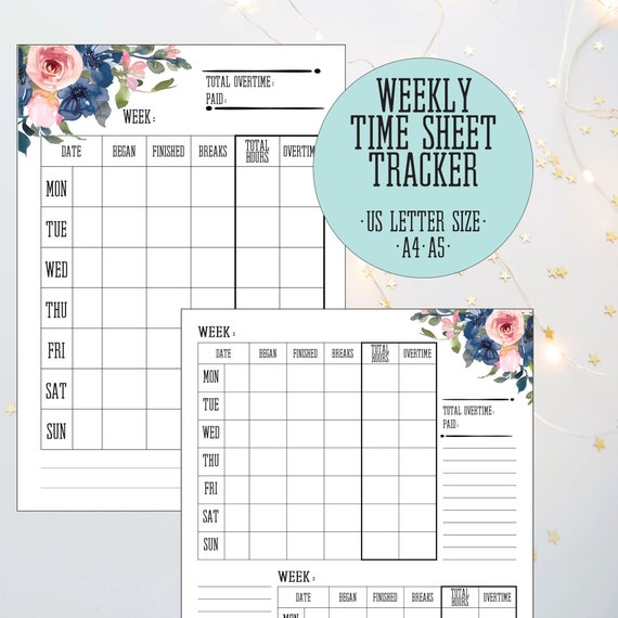 Weekly Time Sheet Work Hour Log Including Overtime | Etsy
