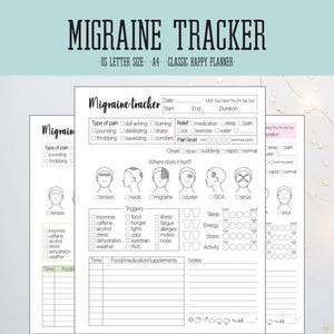 Seguimiento de migrañas, seguimiento de dolores de cabeza, registro de dolores, seguimiento de migrañas imprimible para quienes sufren migrañas, diario de migrañas, tamaño carta de EE. UU., A4, HP clásico