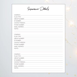 K&ouml;nnte beinhalten: Eine druckbare Planerseite mit dem Titel "Versicherungsdetails" und linierten Feldern zum Aufschreiben von Versicherungsinformationen wie Firmenname, Planart, Gruppennummer, ID-Nummer, Kontaktperson, Telefonnummer, E-Mail-Adresse und Notizen.