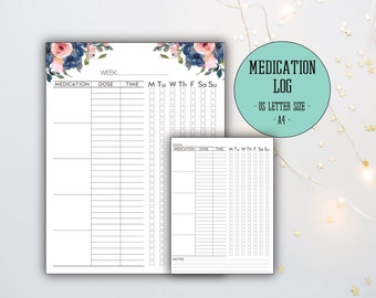 Medication Log, Printable Medication Tracker, Medication List, Reminder, Caregiver Log, Instant Download, A4, US Letter size