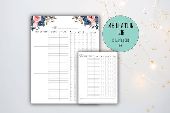 Medication Log, Printable Medication Tracker, Medication List, Reminder, Caregiver Log, Instant Download, A4, US Letter size