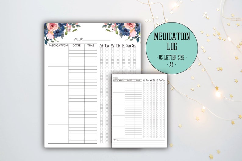 Printable medication log with pink and navy flowers and black version to print at home for caretakers