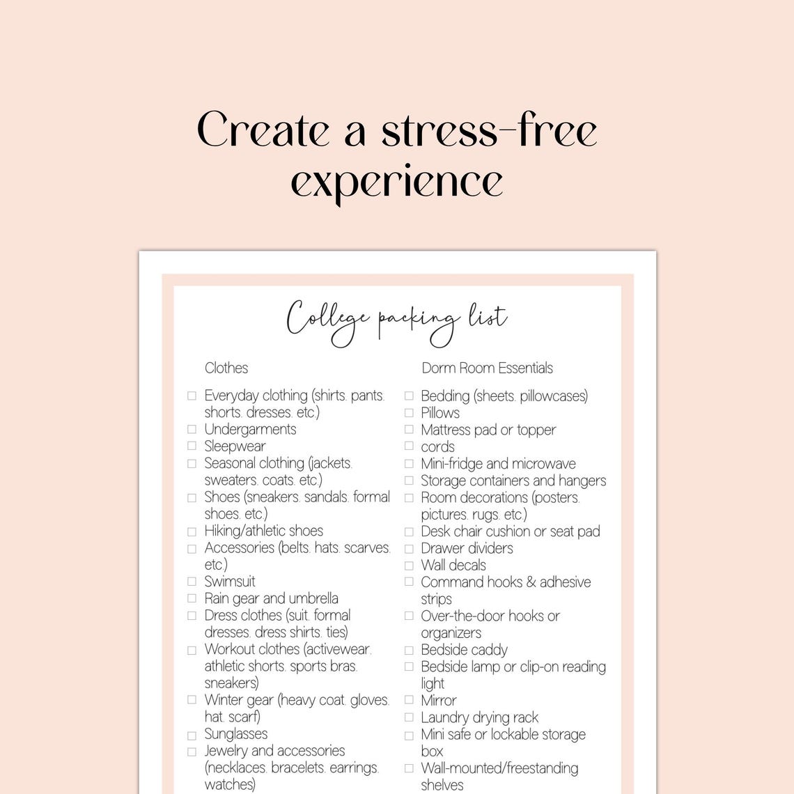 College Packing Checklist, Printable University Essentials Lists ...