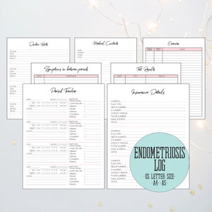 K&ouml;nnte beinhalten: Druckbarer Endometriose-Logbuch in den Formaten US Letter, A4 und A5. Das Logbuch enth&auml;lt Abschnitte f&uuml;r Arztbesuche, medizinische Kontakte, Symptome, Periodenverfolgung, Testergebnisse und Versicherungsdetails.