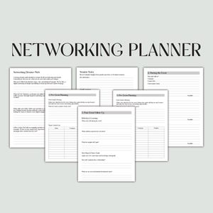 Pode incluir: Um planeador de networking imprimível em preto e branco com o título "Networking Planner" no topo. O planeador inclui seções para planejamento pré-evento, durante o evento e acompanhamento pós-evento.