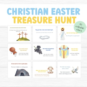 Juego imprimible de búsqueda del tesoro de Pascua para niños, búsqueda del tesoro cristiana editable, divertida actividad educativa de búsqueda de huevos de Pascua