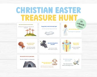 Juego imprimible de búsqueda del tesoro de Pascua para niños, búsqueda del tesoro cristiana editable, divertida actividad educativa de búsqueda de huevos de Pascua
