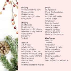 K&ouml;nnte beinhalten: Eine rosa-wei&szlig;e druckbare Checkliste zur Planung und Organisation von Weihnachten. Die Checkliste umfasst Kategorien f&uuml;r Reinigung, Planung, Aktivit&auml;ten, Budget und verschiedene Aufgaben.