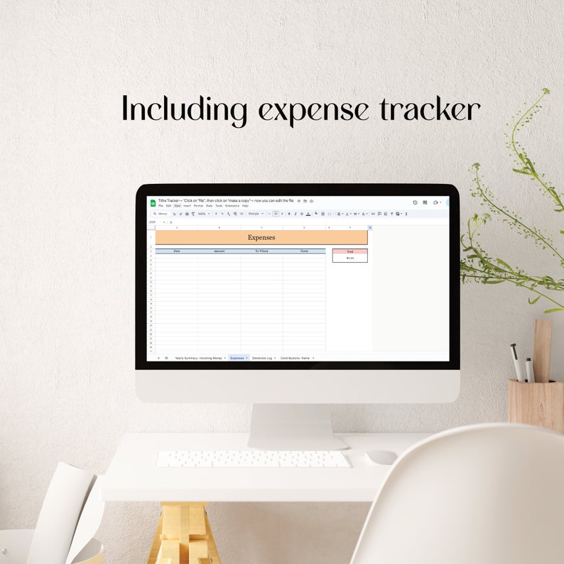 Image of a screen of a laptop with screenshots of a Google Sheets Tithe Tracker with expense tracker. Editable and in pastel colors to record money spend by the church with automatic counting