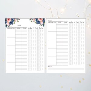 Printable medication log with pink and navy flowers and black version to print at home for caretakers