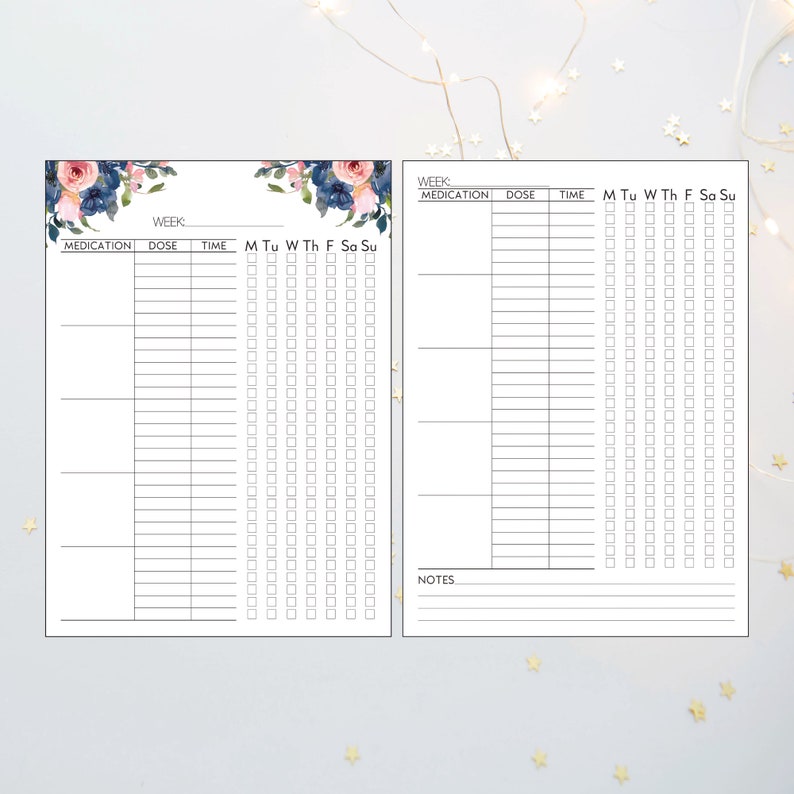 Printable medication log with pink and navy flowers and black version to print at home for caretakers