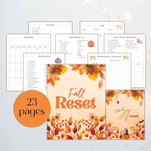 Könnte beinhalten: Eine Sammlung von 23 druckbaren Planerseiten mit einem Fall Reset-Thema. Die Dokumente enthalten Checklisten für die Hausreinigung, Budgetplanung und Feiertagsvorbereitung, verziert mit herbstlichen Illustrationen von Blättern und Kürbissen.