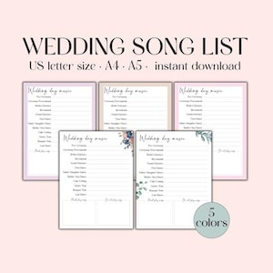 Wedding Song List Printable | DJ Song List & Wedding Playlist in 5 Colors | Instant Download PDF for Perfect Wedding Music
