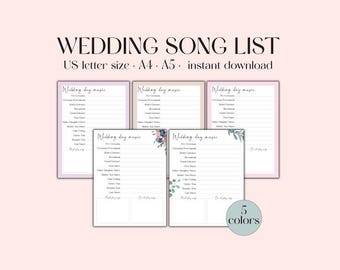 Wedding Song List Printable | DJ Song List & Wedding Playlist in 5 Colors | Instant Download PDF for Perfect Wedding Music