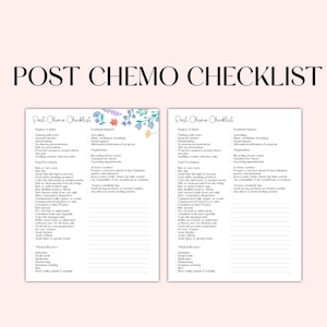 May include: Two white printed checklists titled "Post Chemo Checklist" with black text. The checklists are on a light pink background. The top of the image has the words "POST CHEMO CHECKLIST" in a large, elegant font.