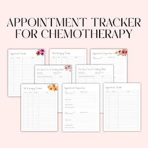 Könnte beinhalten: Ein Satz druckbarer Terminplaner für die Chemotherapie. Die Planer enthalten Abschnitte für Termine, Medikamente und andere wichtige Informationen. Die Planer sind mit Aquarell-Blumenmustern verziert.